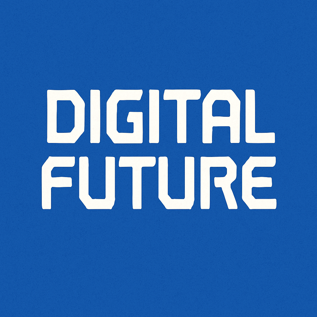 User created 'digital future' text design with blue background and glow effect